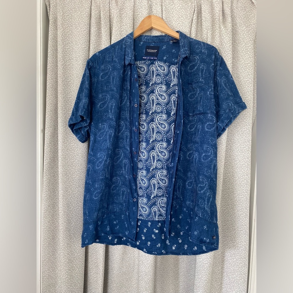 Men's Scotch & Soda Denim Short Sleeve Button Down Paisley Print Size Xl